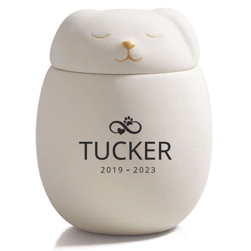 Personalised Ceramic Dog Urn with Sleeping Pet Lid – Pet Cremation Urn for Ashes with Name, Dates & Eternal Love Design