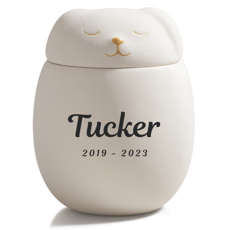 Urne funéraire pour chien personnalisée en céramique avec couvercle chien endormi – Urne pour animal avec nom & dates