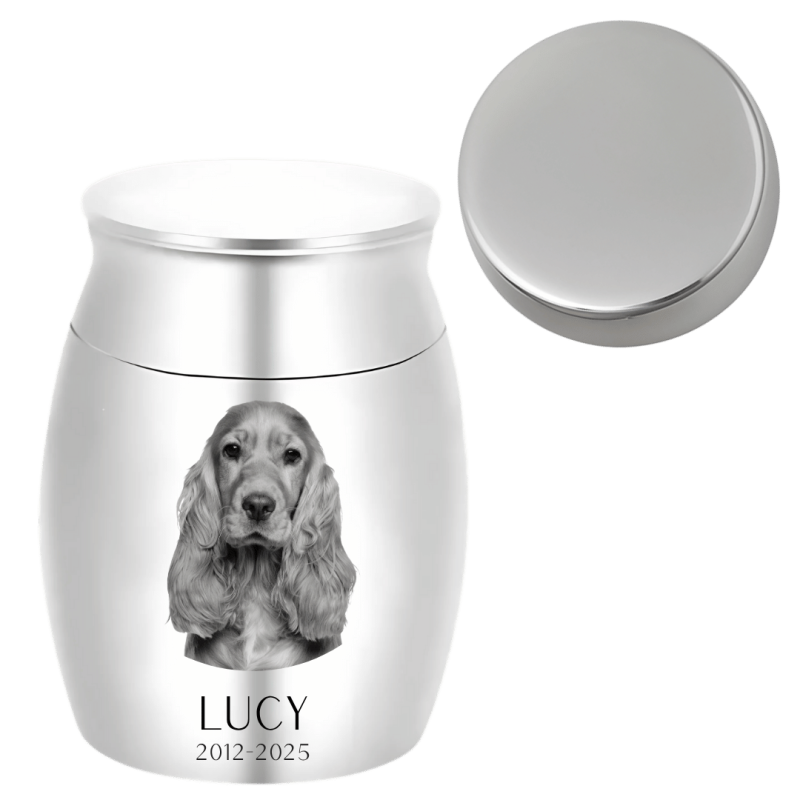 Personalised Dog Urn with Engraved Photo  – Mini Keepsake Urn with Name & Dates