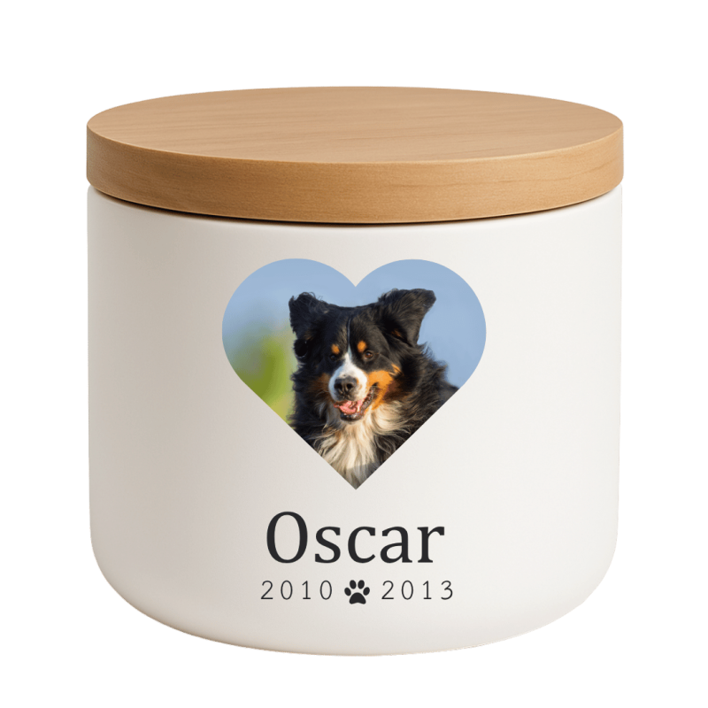 Personalised Ceramic Dog Urn with Photo in Heart Frame – Pet Cremation Urn for Ashes with Name & Dates