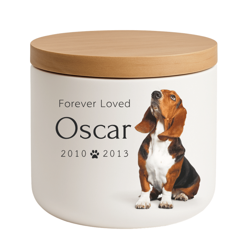 Personalised Ceramic Dog Urn with Photo – Pet Cremation Urn for Ashes with Name, Dates & Tribute