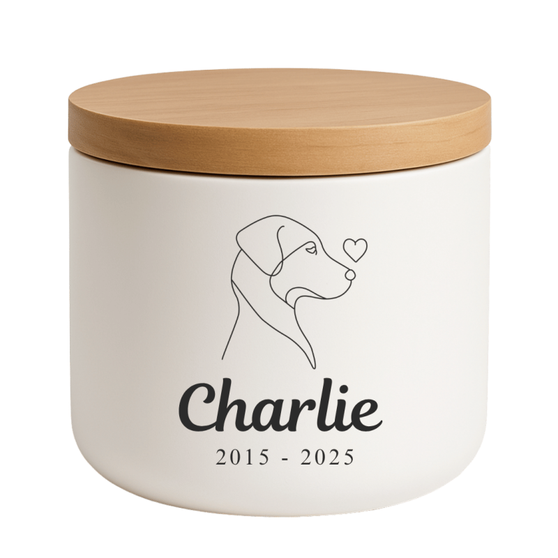 Personalised Ceramic Dog Urn with Minimalist Illustration –  Pet Cremation Urn for Ashes with Name & Dates