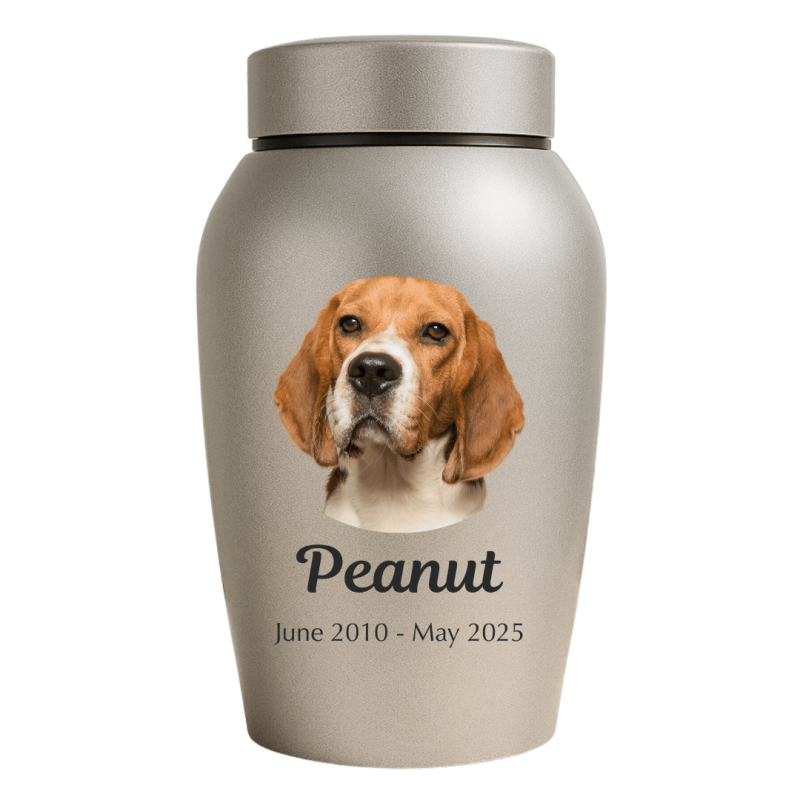 Personalised Dog Urn with Photo – Engraved Stainless Steel Memorial Urn with Name & Dates