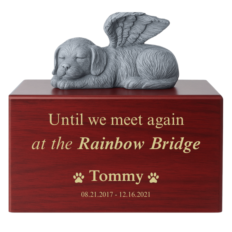 Urne funéraire pour chien en bois personnalisée​ avec statue chien ange – Urne pour cendres avec nom, dates & message