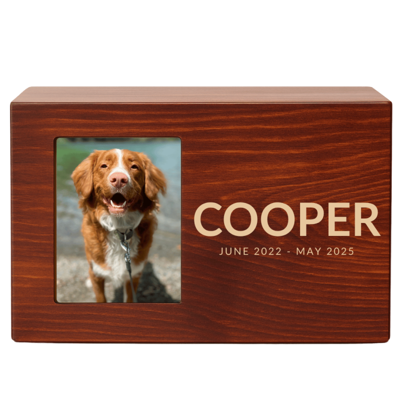 Personalised Wooden Dog Urn Box with Photo – Engraved Memorial Box for Ashes with Name & Dates
