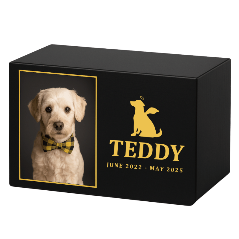Personalised Black Wooden Dog Urn with Photo – Custom Memorial Box with Angel Icon, Name & Dates