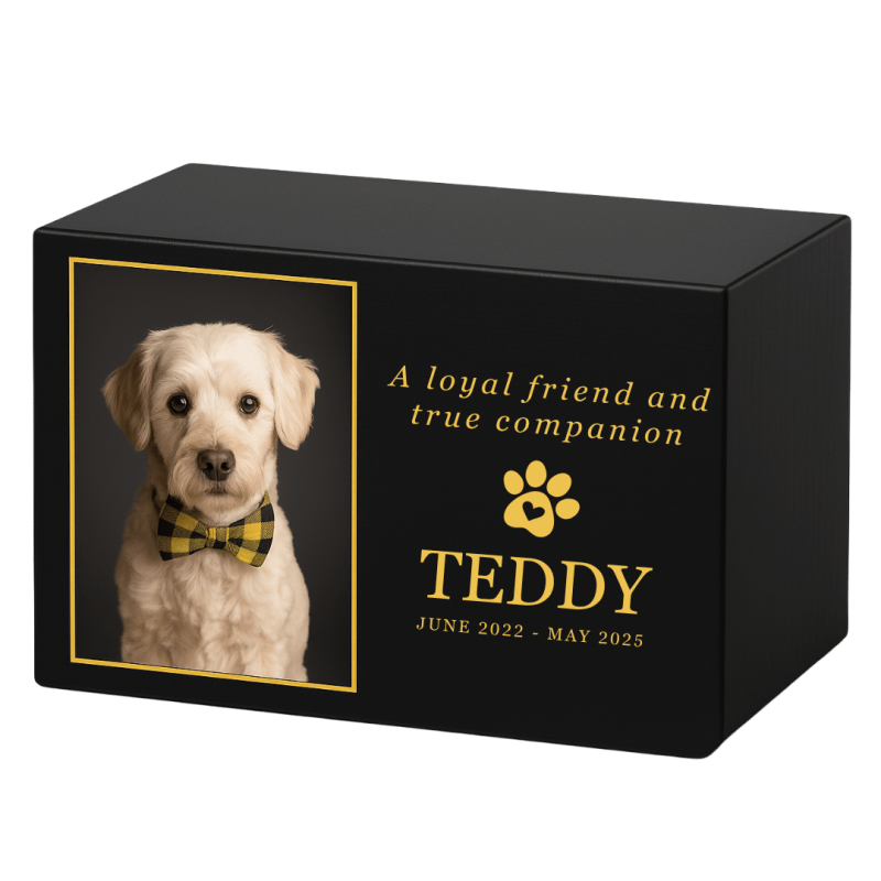 Personalised Black Wooden Dog Urn with Photo – Custom Memorial Box with Name, Dates & Tribute