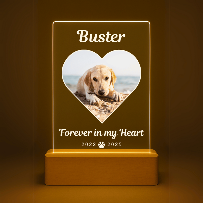 Personalised Dog Memorial Light with Photo – Rectangular LED Pet Tribute Lamp with Engraved Name & Dates on Acrylic Plaque