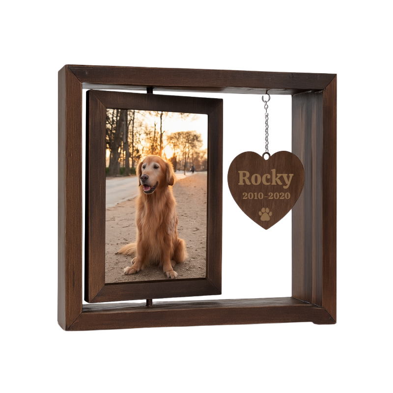 Personalised Wooden Dog Memorial Photo Frame – 360° Rotating Engraved Pet Tribute with Name & Dates