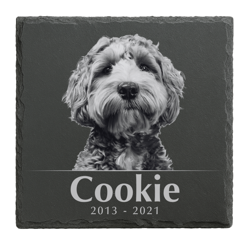 Pierre commémorative chien carrée avec photo personnalisée – Plaque souvenir en ardoise pour animal avec nom & dates