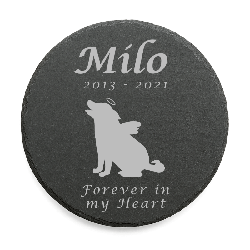 Personalised Round Dog Grave Marker – Slate Pet Memorial Garden Plaque with Dog Name, Dates, Tribute & Dog Angel Design