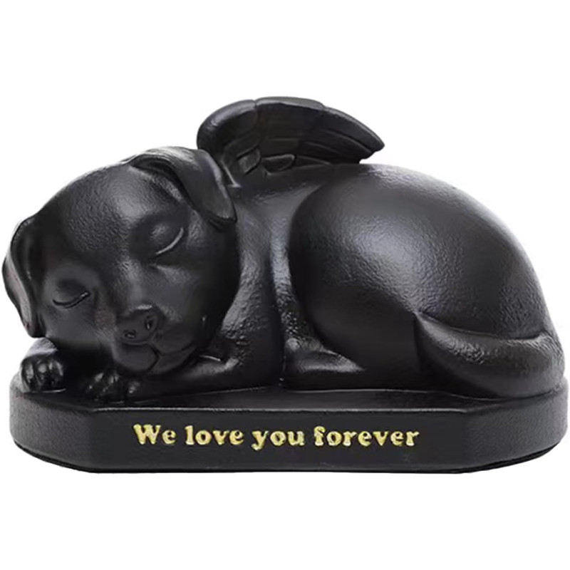 Urne funéraire ange endormi noir pour chien – Monument souvenir d'extérieur en résine et urne funéraire pour cendres d’animal