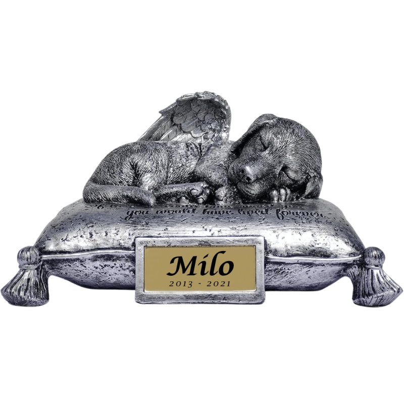 Sleeping Angel Dog Memorial Urn with Elegant Cursive Name & Dates – Outdoor Resin Grave Marker & Pet Ashes Holder for Garden Dis