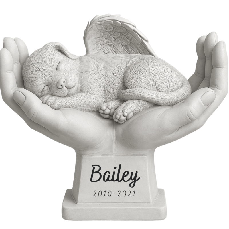 Personalised Dog Memorial Angel Statue in Hands – Weatherproof Resin Grave Marker for Garden Display with Elegant Cursive Name &