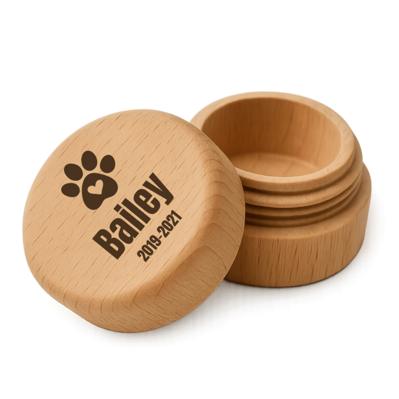 Coffret souvenir rond en bois pour chien, pour cendres ou poils, avec nom, dates & motif empreinte de patte
