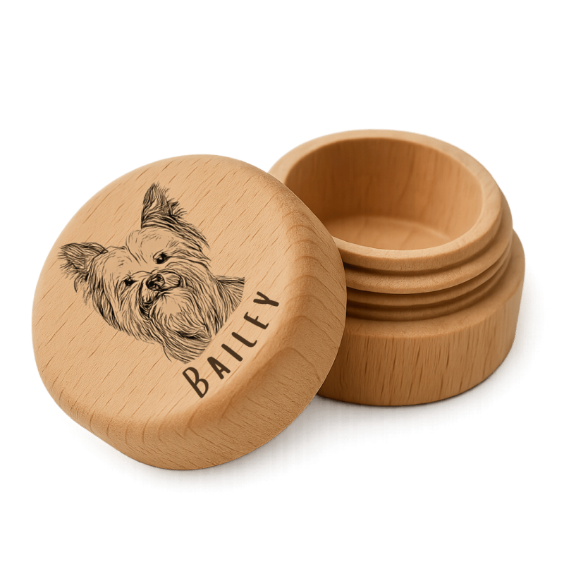 Picture-to-drawing Round Wooden Dog Memorial Keepsake for Ashes or Fur Storage - Engraved with Name