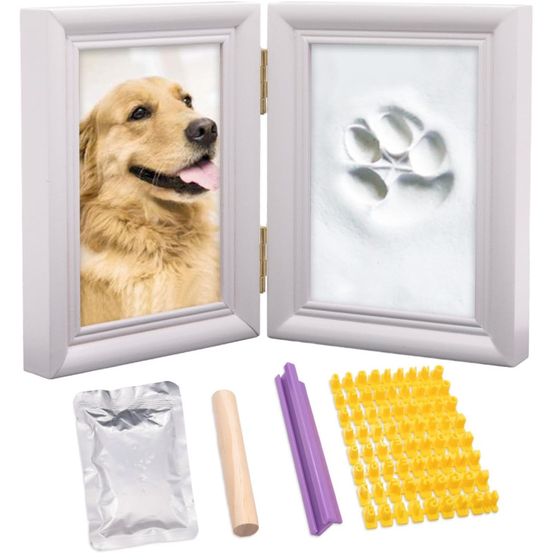Kit cadre photo pliant chien avec argile pour empreinte de patte – Cadre photo souvenir d'intérieur en bois pour chien