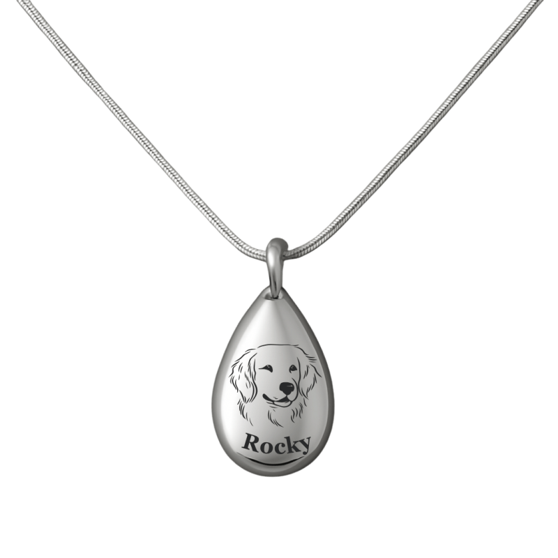 Personalised Dog Memorial Teardrop Urn Necklace – Engraved Pet Picture-to-drawing Ashes Keepsake with Name
