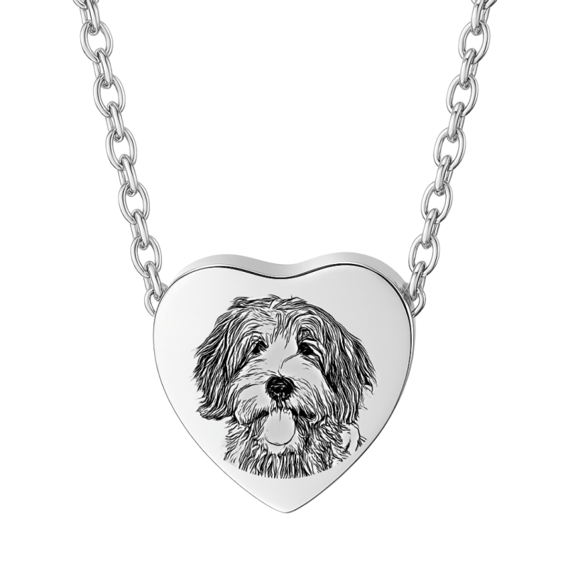 Personalised Dog Memorial Heart Urn Necklace with Slide-Through Chain – Engraved Pet Picture-to-drawing Ashes Keepsake