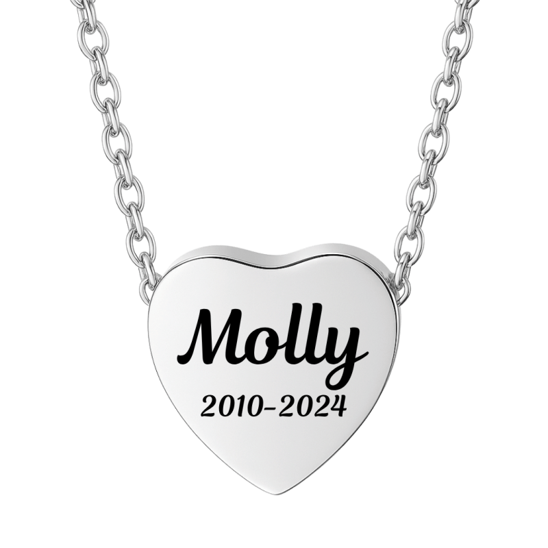 Personalised Dog Memorial Heart Urn Necklace with Slide-Through Chain – Engraved Pet Ashes Keepsake with Name & Dates