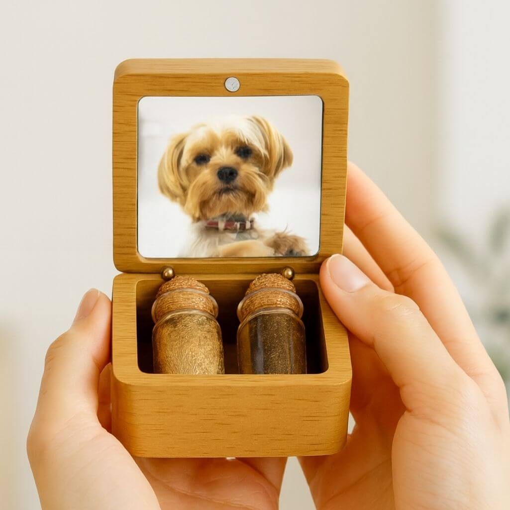 Coffret souvenir en bois pour chien personnalisé avec 2 fioles en verre pour cendres et poils, avec photo, nom, dates et message
