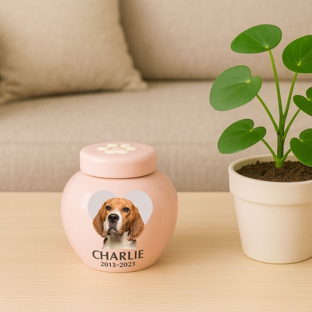 Urne funéraire pour chien personnalisée en céramique avec photo – Urne funéraire avec nom, dates & hommage en forme de cœur