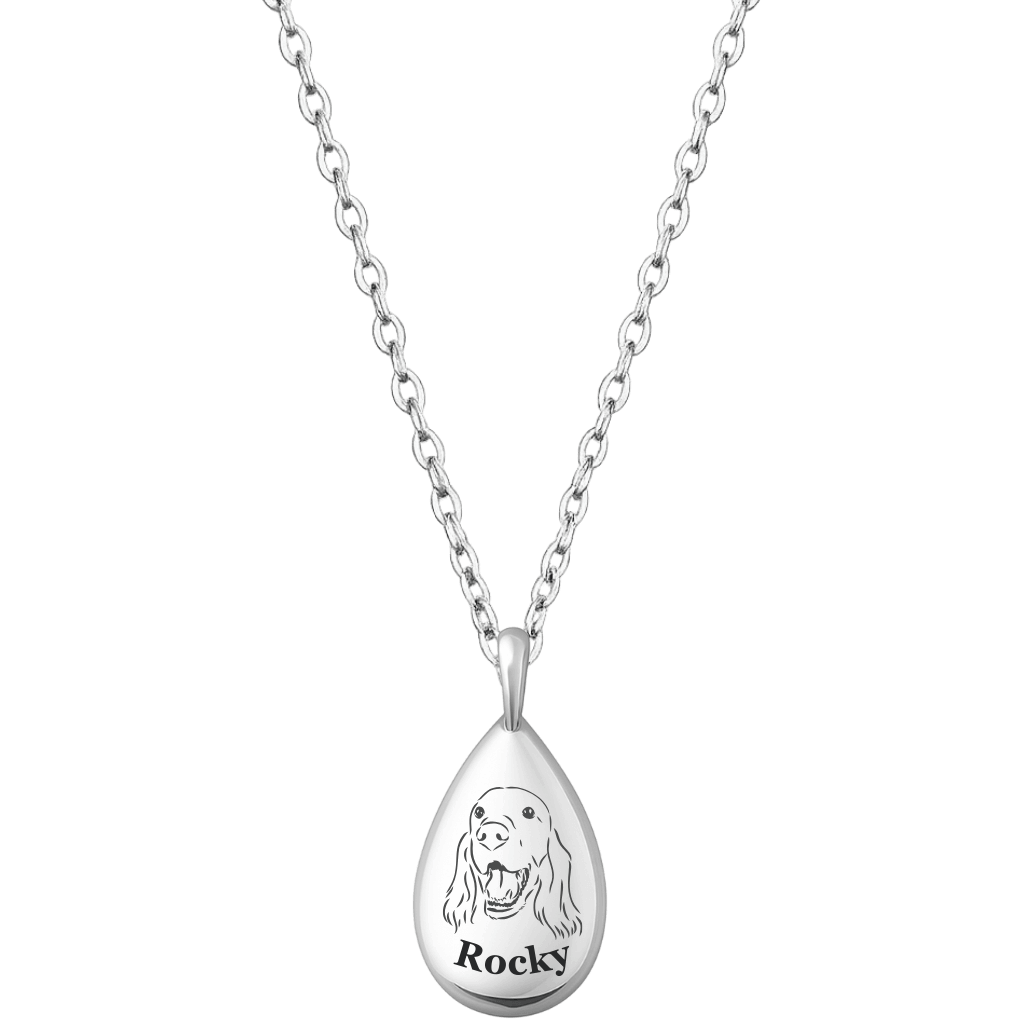 Collier urne funéraire pour cendres de chien goutte personnalisé – Bijou commémoratif avec nom & dessin d’après photo gravés