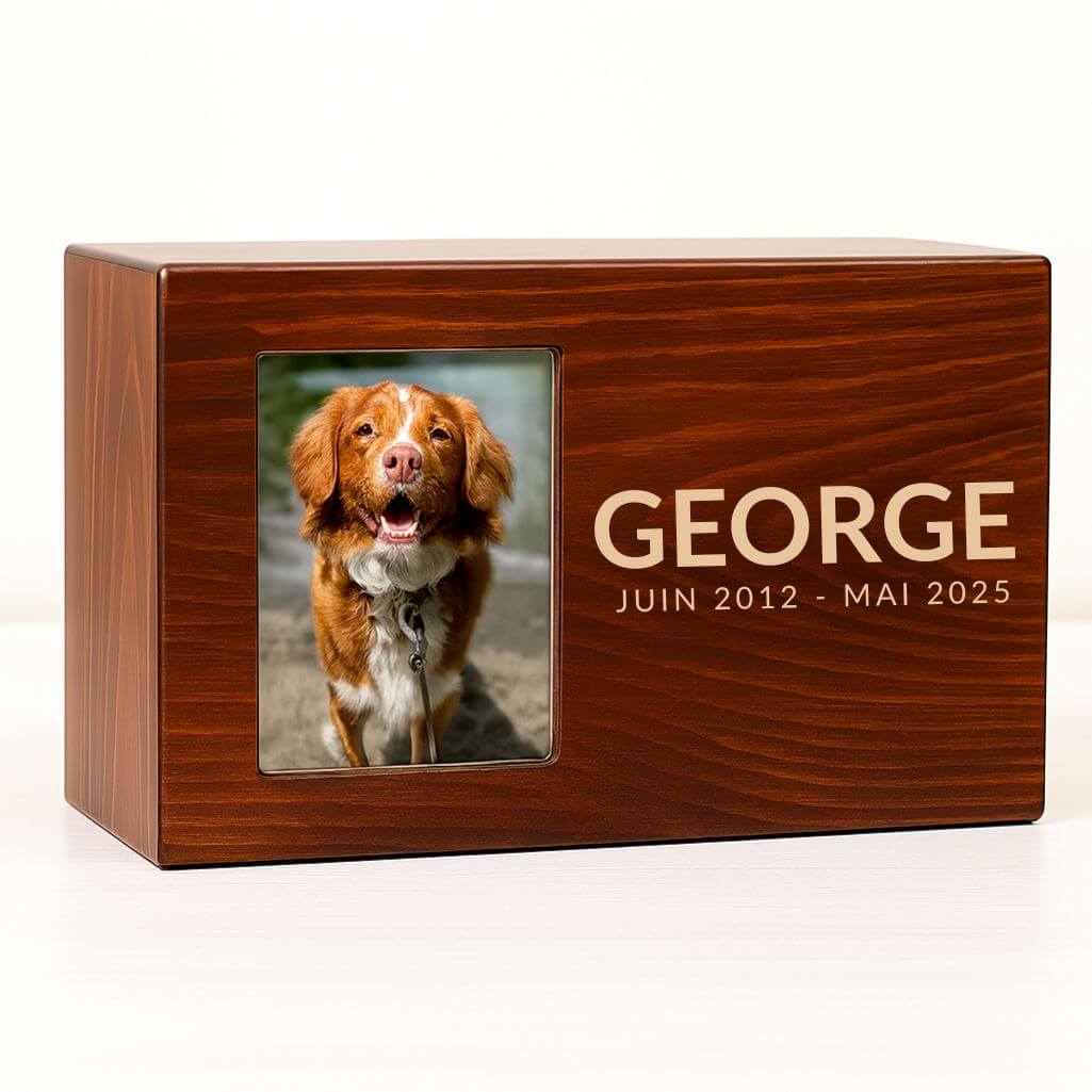 Urne funéraire pour chien en bois personnalisée avec photo – Coffret souvenir pour cendres avec nom & dates