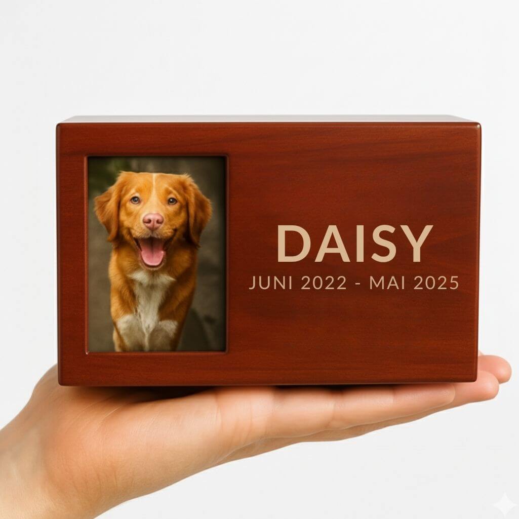 Urne funéraire pour chien en bois personnalisée avec photo – Coffret souvenir pour cendres avec nom & dates