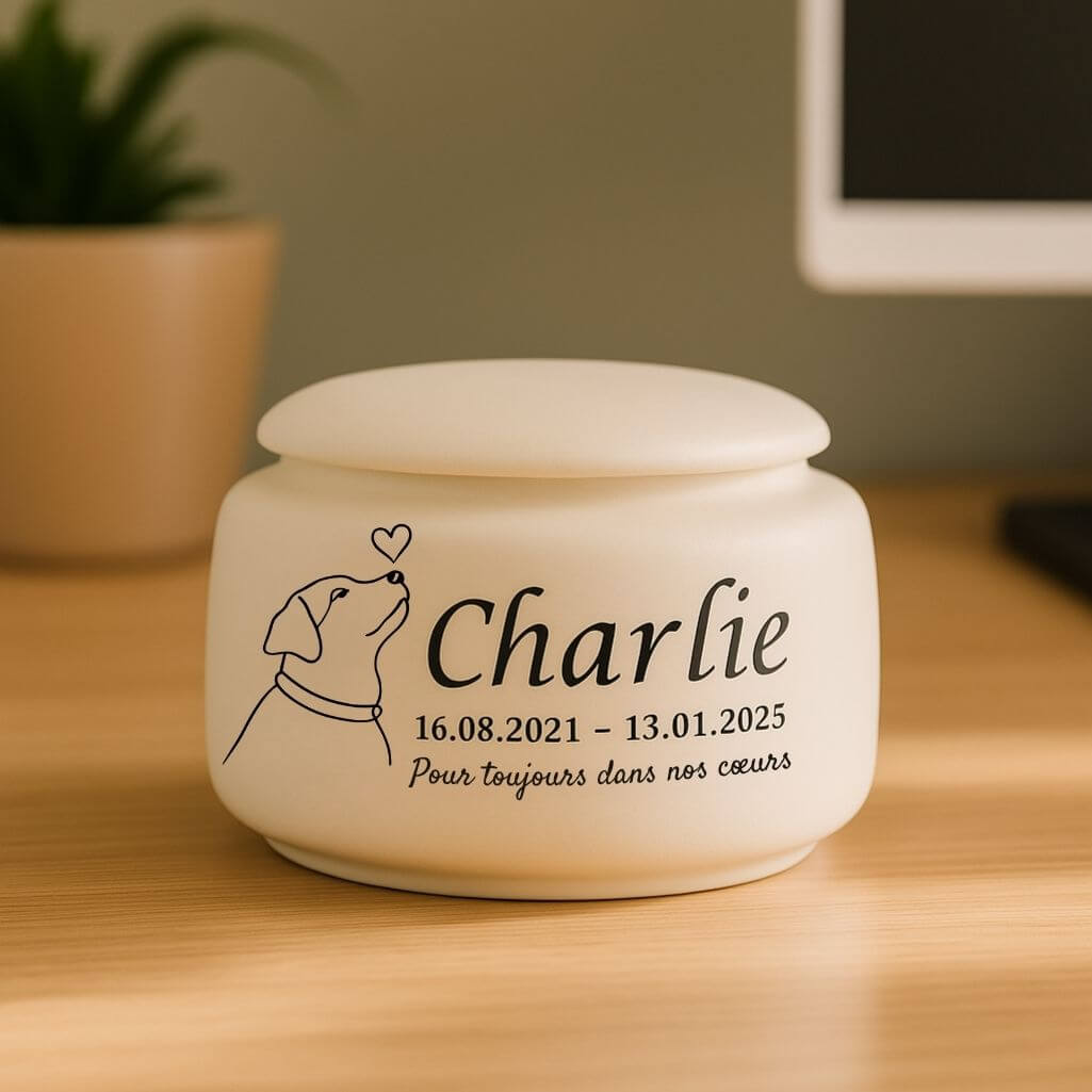 Urne funéraire pour chien personnalisée en céramique – Urne pour chien avec nom, dates, illustration minimaliste & message