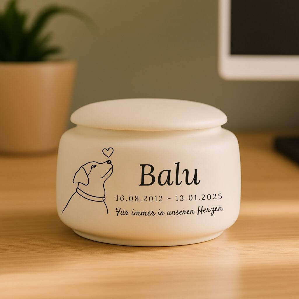 Personalisierte Hundeurne – Tierurne aus Keramik mit Namen, Daten, minimalistischer Illustration & Widmung