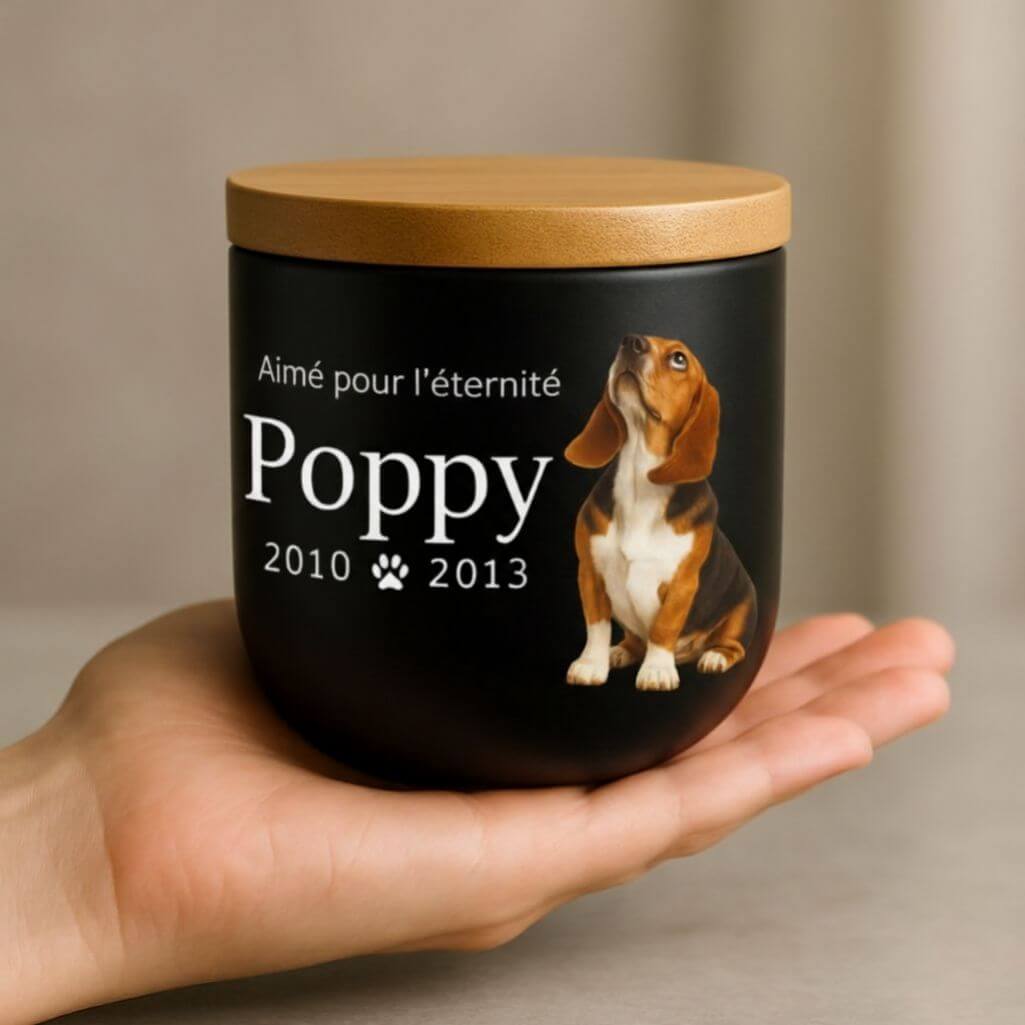 Urne funéraire pour chien personnalisée en céramique avec photo – Urne funéraire pour animal avec nom, dates & message