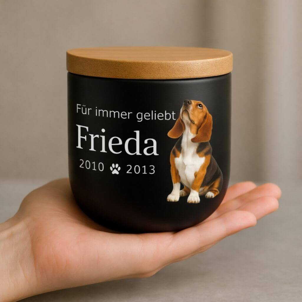 Urne funéraire pour chien personnalisée en céramique avec photo – Urne funéraire pour animal avec nom, dates & message