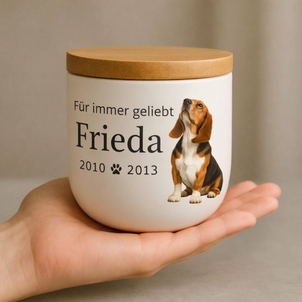 Urne funéraire pour chien personnalisée en céramique avec photo – Urne funéraire pour animal avec nom, dates & message