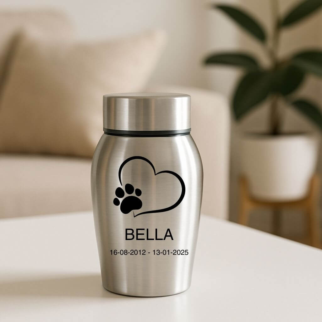 Personalised Dog Urn with Engraved Name, Dates & Special Tribute on the Lid  – Pet Memorial Stainless Steel Urn