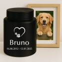 Urne pour chien cylindrique en acier inoxydable personnalisée avec nom, dates & motif cœur-patte