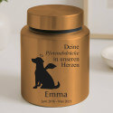 Urne pour chien cylindrique en acier inoxydable personnalisée avec nom, dates, message & motif ange