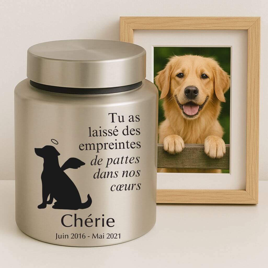 Urne pour chien cylindrique en acier inoxydable personnalisée avec nom, dates, message & motif ange