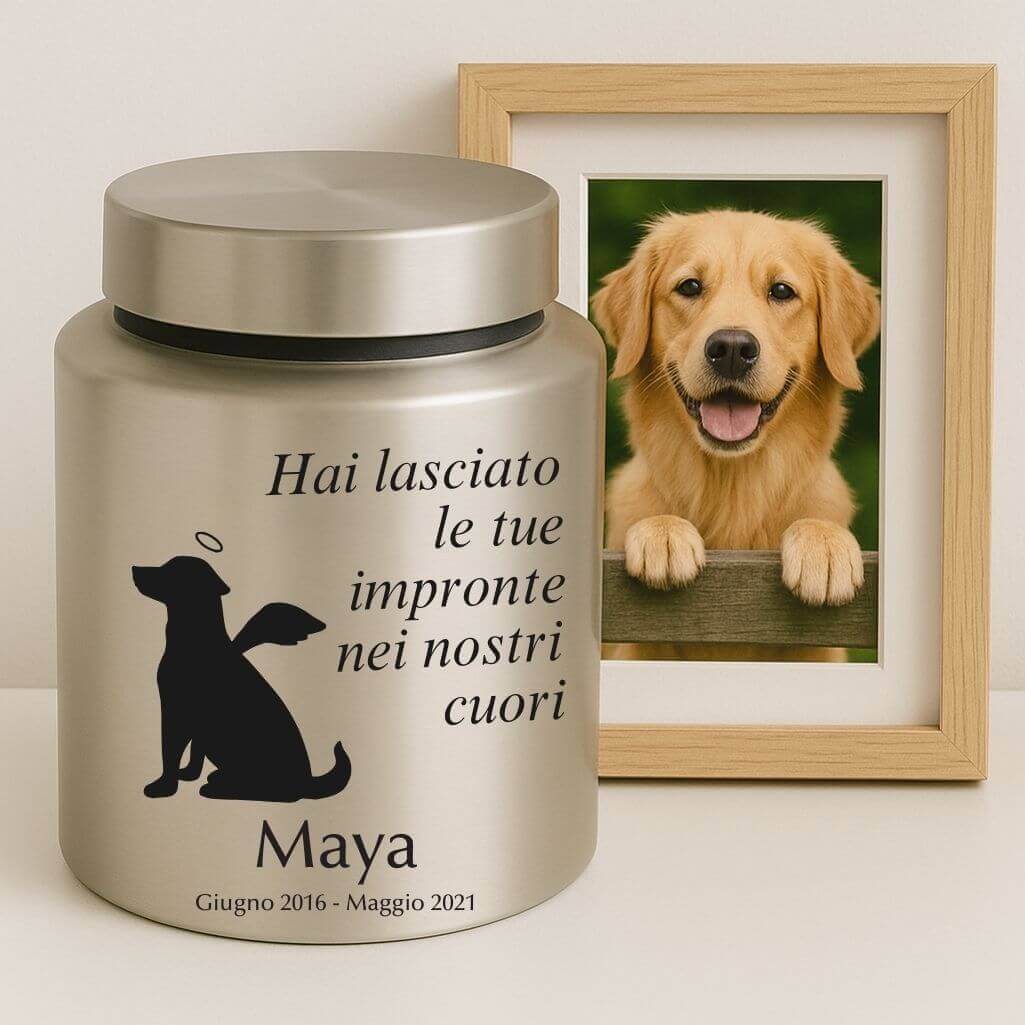 Personalised Dog Urn with Angel Pup Design – Engraved Stainless Steel Memorial Urn  with Name, Dates & Special Tribute