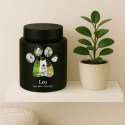 Urne cylindrique pour chien en acier inoxydable personnalisée avec photos dans un cadre en forme de patte, nom & dates