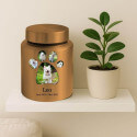Urne cylindrique pour chien en acier inoxydable personnalisée avec photos dans un cadre en forme de patte, nom & dates