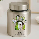 Urne cylindrique pour chien en acier inoxydable personnalisée avec photos dans un cadre en forme de patte, nom & dates