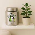 Urne cylindrique pour chien en acier inoxydable personnalisée avec photos dans un cadre en forme de patte, nom & dates
