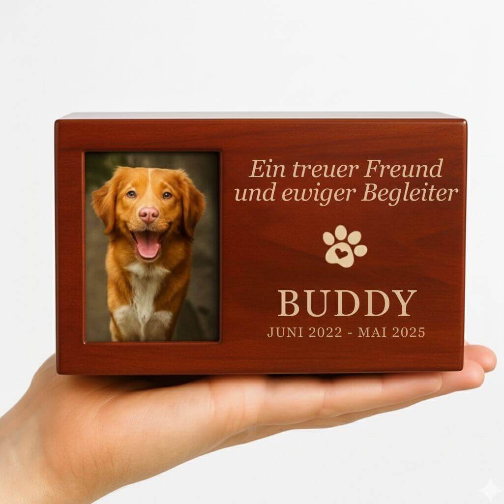 Urne funéraire pour chien en bois personnalisée​ avec photo – Coffret souvenir pour cendres avec nom, dates & message gravés