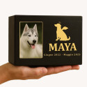 Personalised Black Wooden Dog Urn with Photo – Custom Memorial Box with Angel Icon, Name & Dates