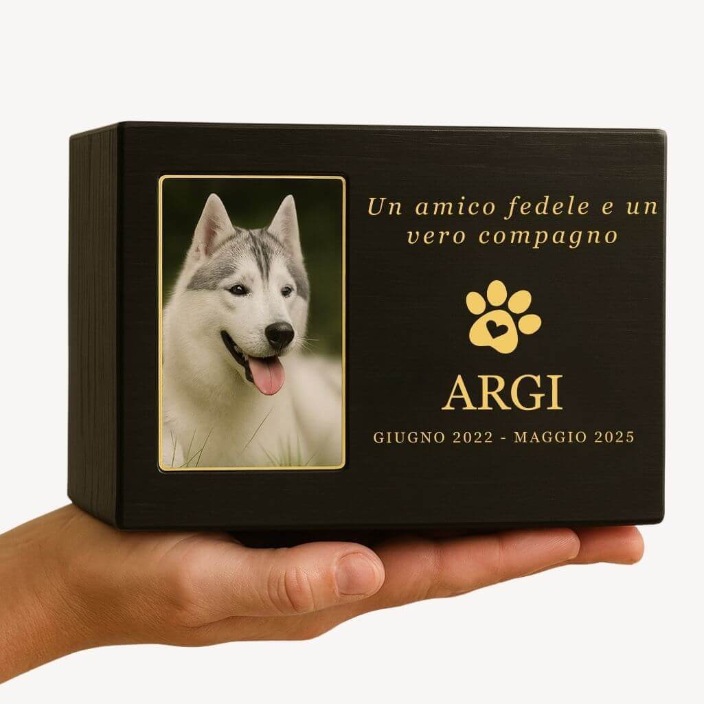 Personalised Black Wooden Dog Urn with Photo – Custom Memorial Box with Name, Dates & Tribute