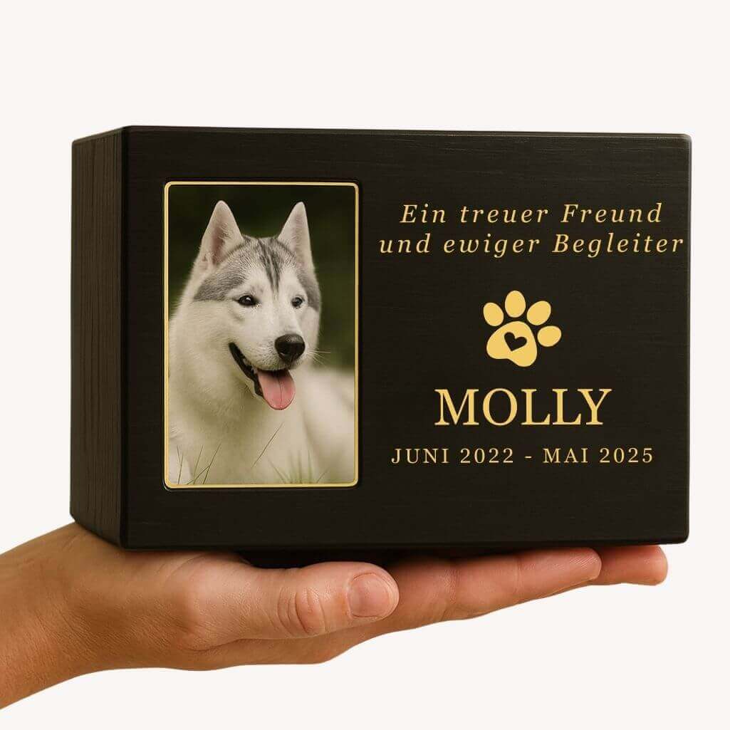 Urne funéraire pour chien en bois noir personnalisée​ avec photo – Coffret souvenir unique avec nom, dates & message