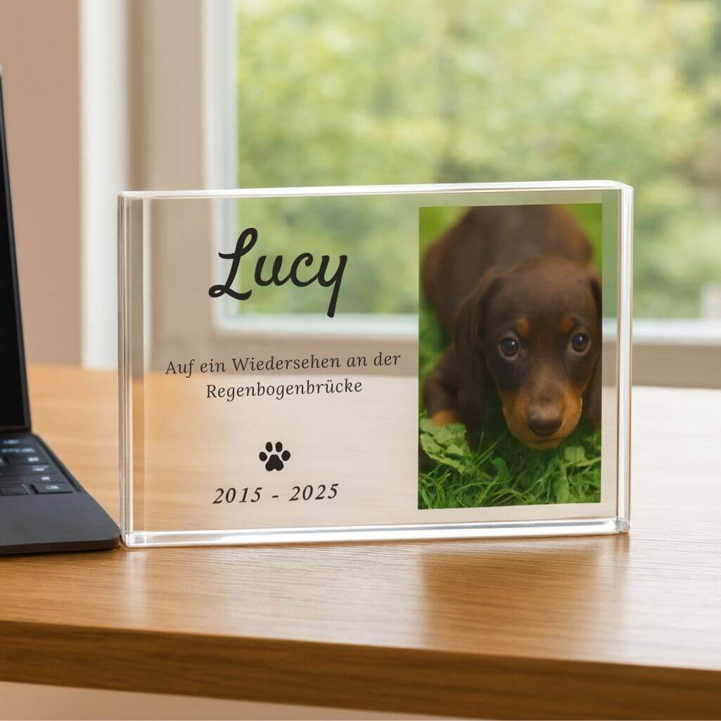 Plaque commémorative chien personnalisée – Cadre photo paysage en acrylique pour chien avec photo, nom & dates
