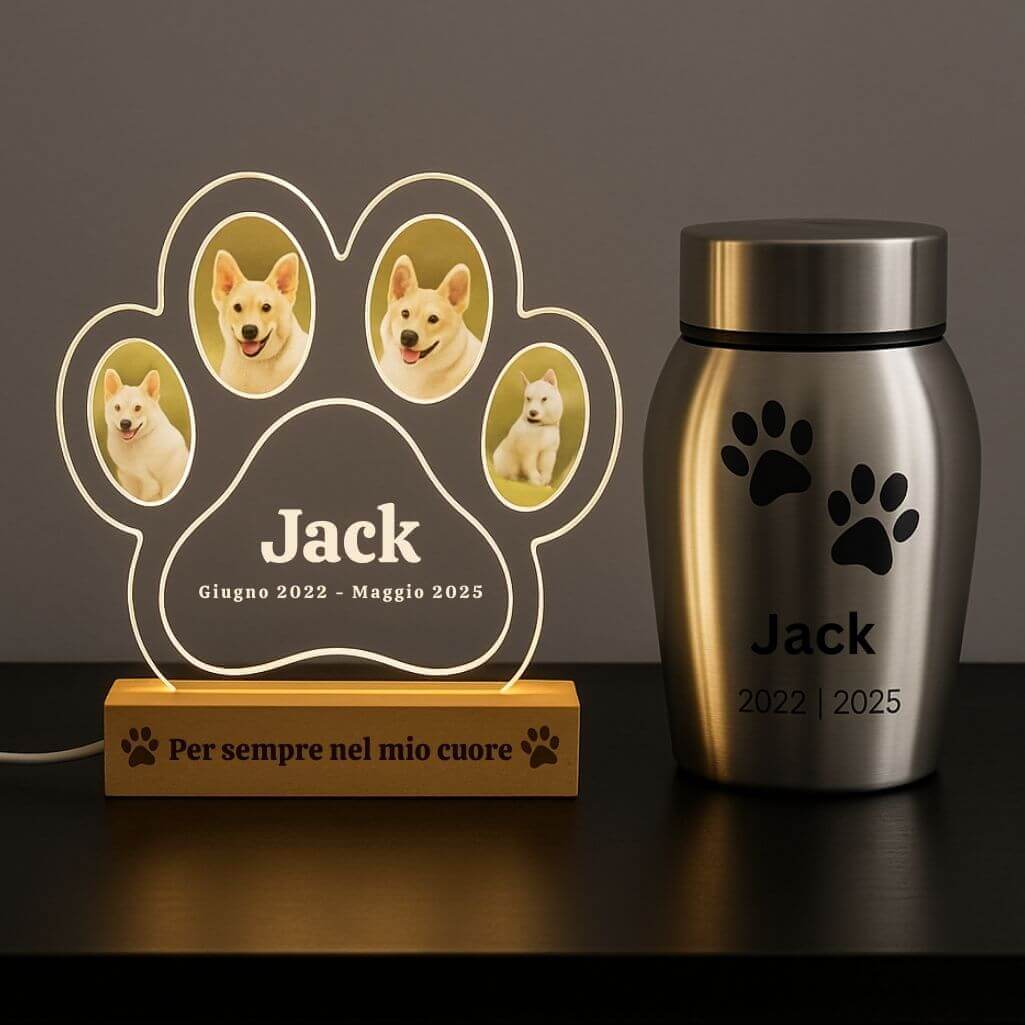 Personalised Dog Memorial Light with Four Photos – Paw-shaped LED Pet Tribute Lamp with Engraved Name & Dates on Acrylic Plaque