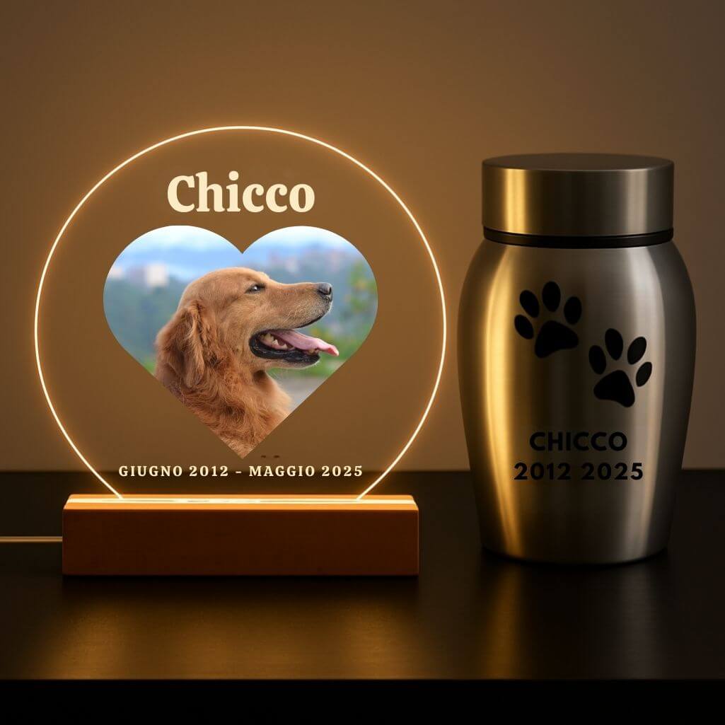 Personalised Dog Memorial Light with Heart Photo – Round LED Pet Tribute Lamp with Engraved Name & Dates on Acrylic Plaque